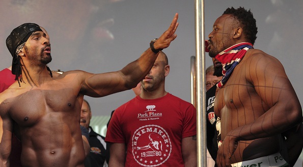 British boxer David Haye (L) gestures to